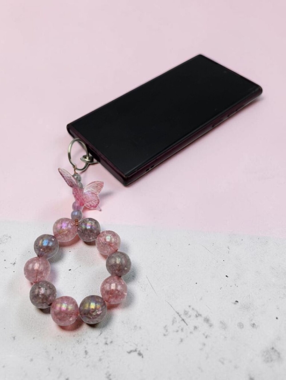 Handmade Pink and Silver Gray Beaded Phone Charm with Butterfly Accent